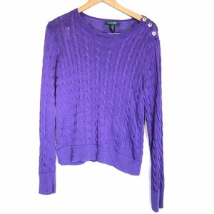 LRL sz L Cable knit gold button purple sweater